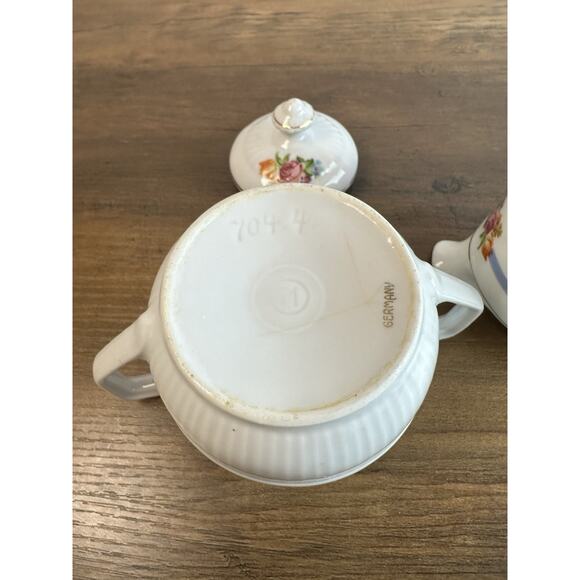 Vintage Germany Sugar Creamer Set Floral Blue Band Gold Trim Porcelain